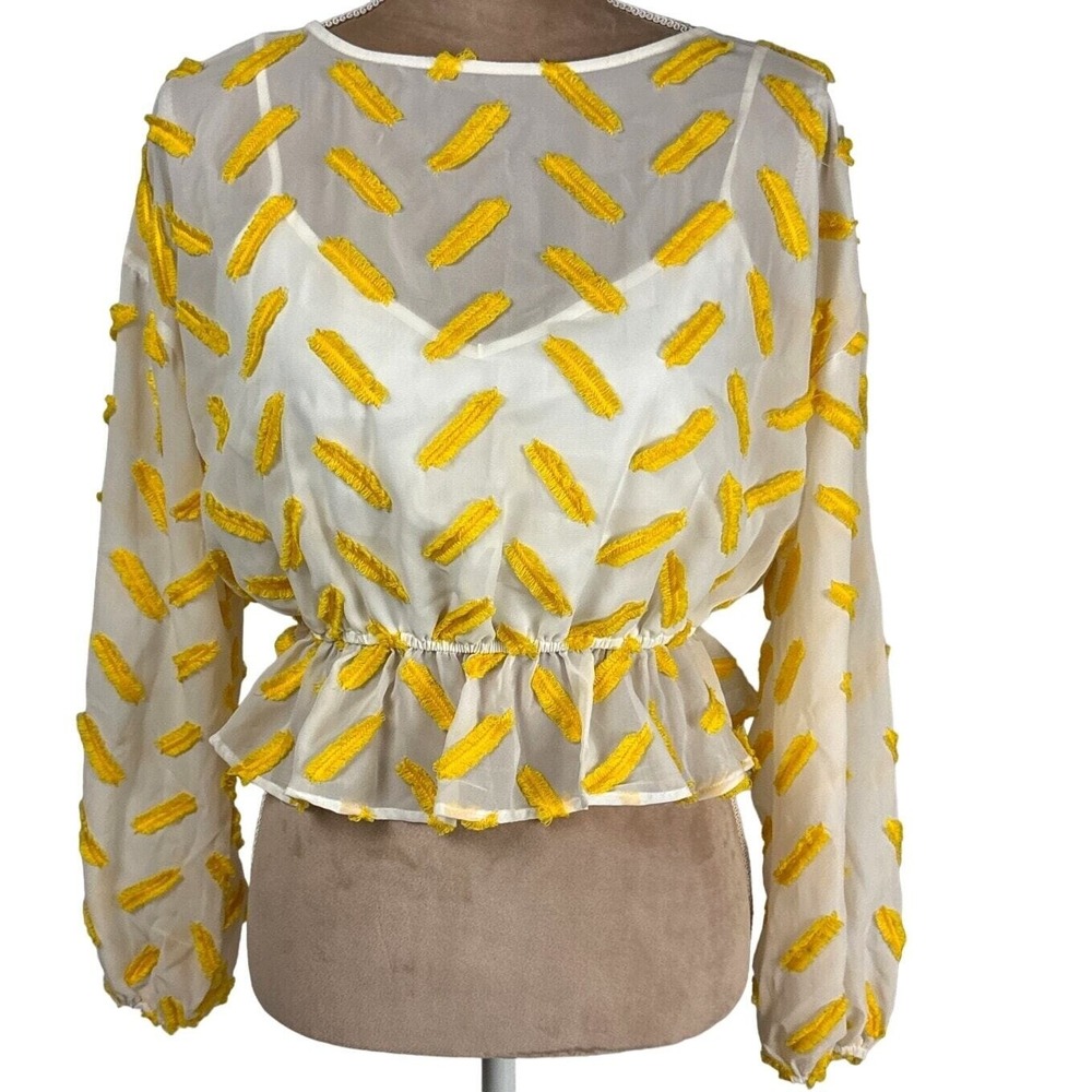ALI & JAY Womens Small Top Yellow Feather Semi Sheer Lined Flowy Boho‎ Summer
